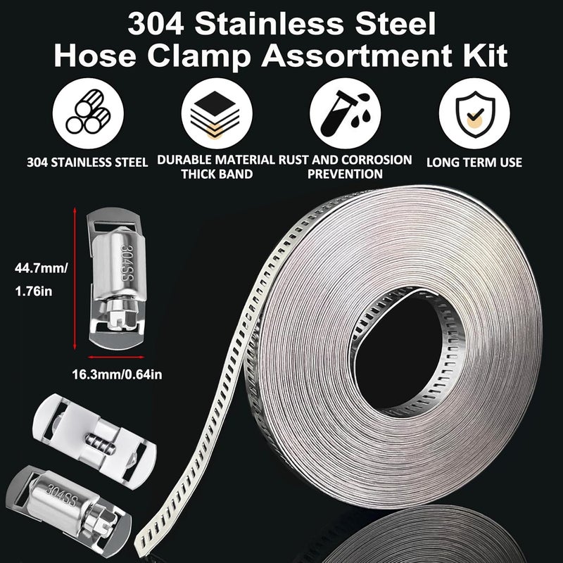 SmaringWing Hose Clamps Stainless Steel, Large Worm Gear Duct Pipe Hose Clamp Assortment Kit, Band Fittings Strap, 32.81FT Adjustable Metal Bolt with 20 Stronger Fasteners Screw for Plumbing Auto Tube Fuel Line - Image 5